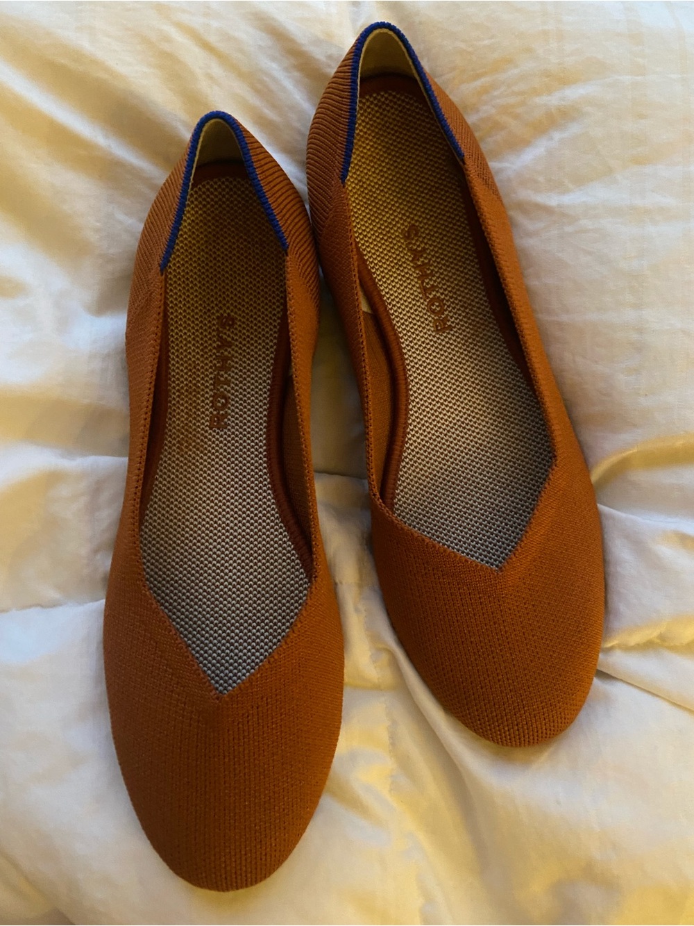 Rothy's Knit Ballet Flats in Fawn Tan with Blue Trim Retired Colorway 9.5 - Picture 13 of 14
